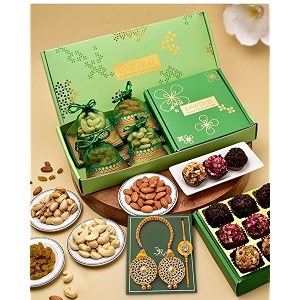 rakhi for brother and bhabhi dry fruit gift pack with premium artisanal laddoo sweets bhaiya bhabhi rakhi set with sweets rakhi for brother and bhabhi combo bhai bhabhi rakhi set