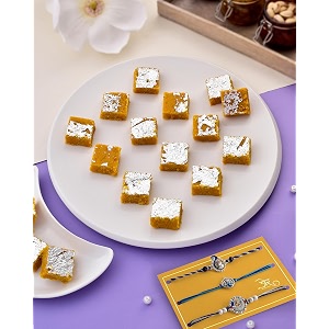 rakhi for brother with gift rakhi set of 3 rakhi for brother rakhi set rakhi combo rakhi with sweets rakhi hamper rakhi with sweets for brother mohan thal sweets 200g peacock rakhi set of 3