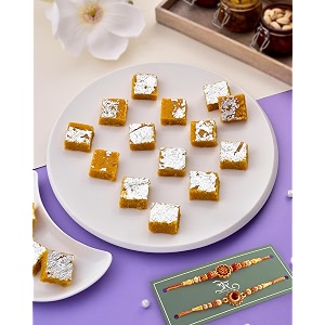 rakhi for brother rakhi set of 2 rakhi with sweets for brother rakhi for brother with sweets rakhi with sweets rakhi gift rakhi with sweet mohan thal sweets 200g om amp rudraksha rakhi set of 2