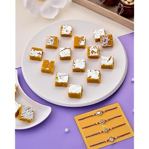 rakhi for brother rakhi set of 4 rakhi with sweets for brother rakhi for brother with sweets rakhi with sweets rakhi gift set rakhi with sweet mohan thal sweets 200g darpaan rakhi set of 4