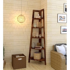 wooden corner shelf for living room  5 tier ladder shelves for drawing room  rustic teak finish