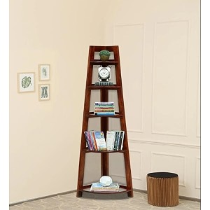 sheesham wood floor standing shelf  corner shelf for living room  wooden corner 5 tier ladder shelves  corner home decor bookcase  corner shelf for office  honey oak finish
