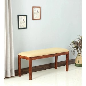 solid sheesham wood 2 seater bench for living room  wooden dining bench with cushion  armrest bed benches  two seater sofa couch for hall  balcony seating furniture  rustic teak