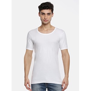 RAMRAJ COTTON Mens White Round Neck Half