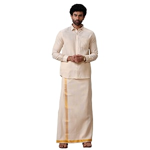 RAMRAJ COTTON Men Gold Tissue Jacquard Full