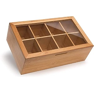 randomgrounds bamboo tea box storage organizer taller size holds 120 standing or flat tea bags 8 adjustable tea chest compartments natural wooden finish