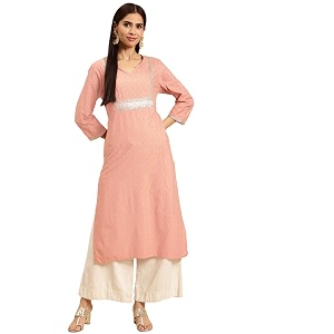 rangita Peach Rayon Calf Length Embellished Straight