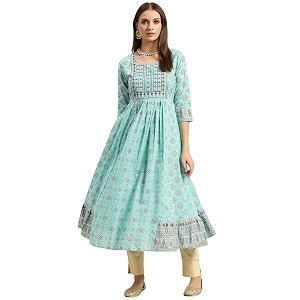 rangita Light Blue Cotton Calf Length Printed