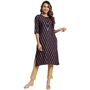 rangita Navy Rayon Calf Length Printed Straight