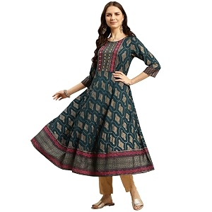 rangita Teal Rayon Calf Length Embroidered Anarkali