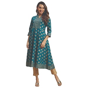 rangita Teal Rayon Calf Length Printed Flared
