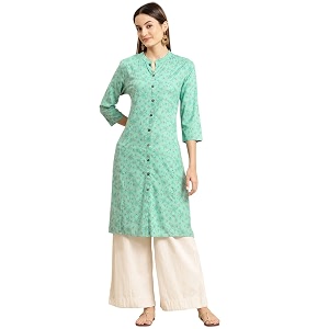 rangita Turquoise Rayon Calf Length Printed Front