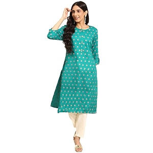 rangita Turquoise Rayon Calf Length Printed A-line
