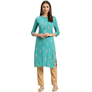 rangita Turquoise Rayon Calf Length Printed Straight