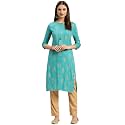 rangita Turquoise Rayon Calf Length Printed Straight