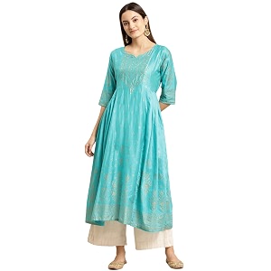 rangita Turquoise Viscose Calf Length Printed Anarkali