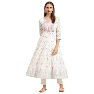rangita Off White Cotton Calf Length Embroidered