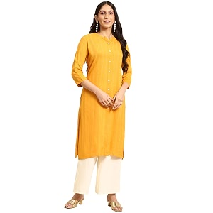rangita Yellow Rayon Calf Length Striped Straight
