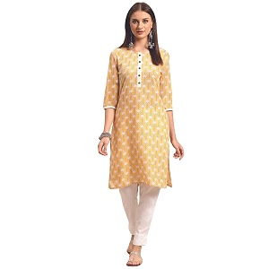 rangita Yellow Cotton Knee Length Printed Straight
