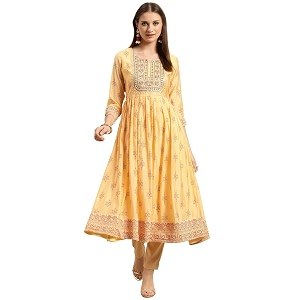 rangita Yellow Viscose Blend Calf Length Embroidered