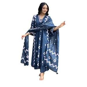Rangnavi Womens Cotton Anarkali Printed V-Neck Kurta