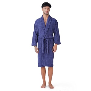 rangoli microfiber unisex knee-length bathrobe with full sleeves amp pockets 550 gsm extra absorbent terry fabric with rope tie closure navy blue-m  canningvale collection
