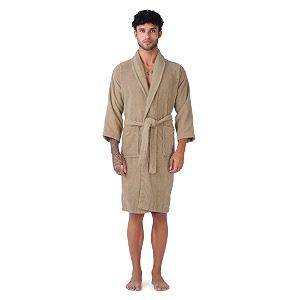 rangoli 100 cotton unisex knee-length bathrobe with full sleeves amp pockets 550 gsm extra absorbent terry fabric with rope tie closure beige-m  canningvale collection