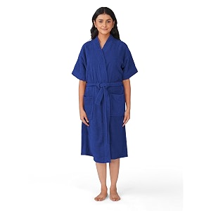 rangoli women39s microfiber bathrobe in knee-length amp half sleeve with 400 gsm for super absorbent amp comfortable day wear navy blue-s  noble collection