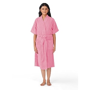 rangoli women39s microfiber bathrobe in knee-length amp half sleeve with 400 gsm for super absorbent amp comfortable day wear coral-s  noble collection