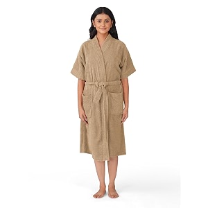 rangoli women39s microfiber bathrobe in knee-length amp half sleeve with 400 gsm for super absorbent amp comfortable day wear beige-l  noble collection