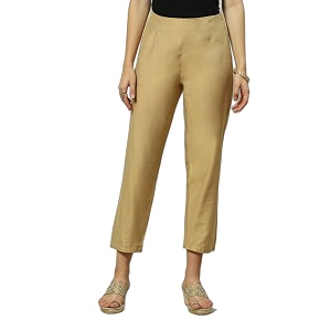 Rangriti Gold Viscose Straight Solid Slim Pants
