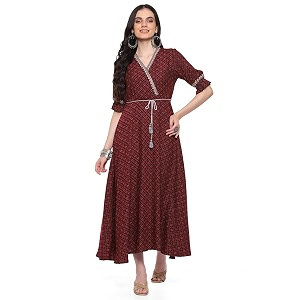 Rangriti Maroon Cotton Blend Printed Dress for