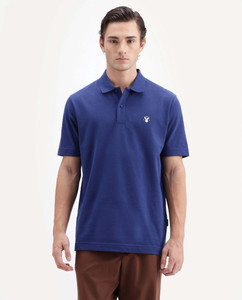 RARE RABBIT Solid Men Polo Neck Blue