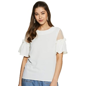 RARE Women Blue Solid Cold Shoulder Top