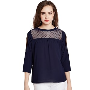 RARE Women Navy Blue Solid Top