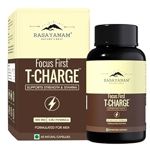 rasayanam t-charge capsules 500mg  3-in-1 t - levels supplement for men with shilajit ashwagandha amp safed musli  supports muscle growth energy strength stamina amp performance - 60 capsules