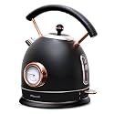 Rasonic Retro Electric Kettle Stainless Steel, 1.8L Tea Water Boiler, 1500W Fast Quiet Boil, Temperature Gauge, Auto Shut-Off, Boil-Dry Protection, Matt Black and Rose Gold