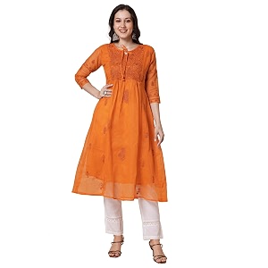 RATAN Womens Muga Cotton Flared Lucknowi Chikankari