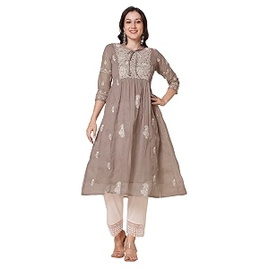 RATAN Womens Muga Cotton Flared Lucknowi Chikankari
