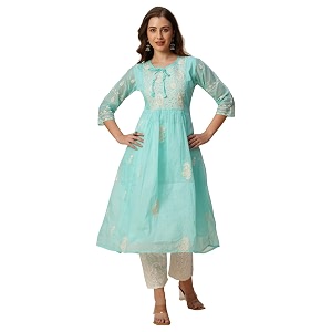 RATAN Womens Muga Cotton Flared Lucknowi Chikankari