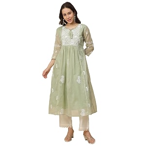 RATAN Womens Muga Cotton Flared Lucknowi Chikankari