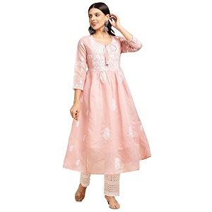 RATAN Womens Muga Cotton Flared Lucknowi Chikankari