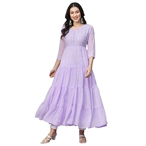RATAN Womens Solid Georgette Tiered Chikankari Flared
