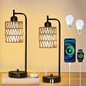 Rattan Table Lamps for Living Room Set of 2, Boho Bedside Lamps with LED Bulbs, USB Charging Ports and Outlet, Farmhouse Nightstand Lamp with Woven Shade, Black Desk Lamp for Bedroom Office