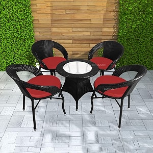 rattan wicker garden patio seating chair and table set for outdoor balcony garden coffee table set furniture with 1 table and 4 chairs with red cushion black