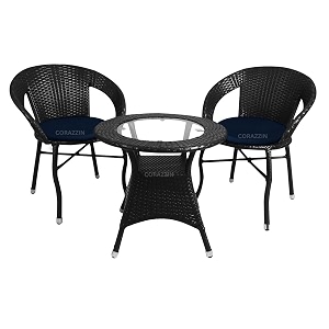 rattan wicker garden patio seating chair and table set for outdoor balcony garden coffee table set furniture 1 table and 2 chairs with blue cushion black