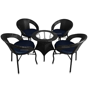 rattan wicker garden patio seating chair and table set for outdoor balcony garden coffee table set furniture with 1 table and 4 chairs with blue cushion black