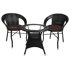 rattan wicker garden patio seating chair and table set for outdoor balcony garden coffee table set furniture 1 table and 2 chairs with brown cushion black