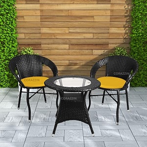 rattan wicker garden patio seating chair and table set for outdoor balcony garden coffee table set furniture with 1 table and 2 chairs with yellow cushion black
