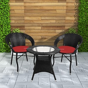 rattan wicker garden patio seating chair and table set for outdoor balcony garden coffee table set furniture 1 table and 2 chairs with red cushion black